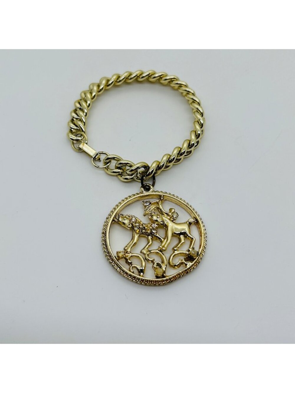 Horse Charm Bracelet Gold Tone With Rhinestone Medallion 6.75" Vintage